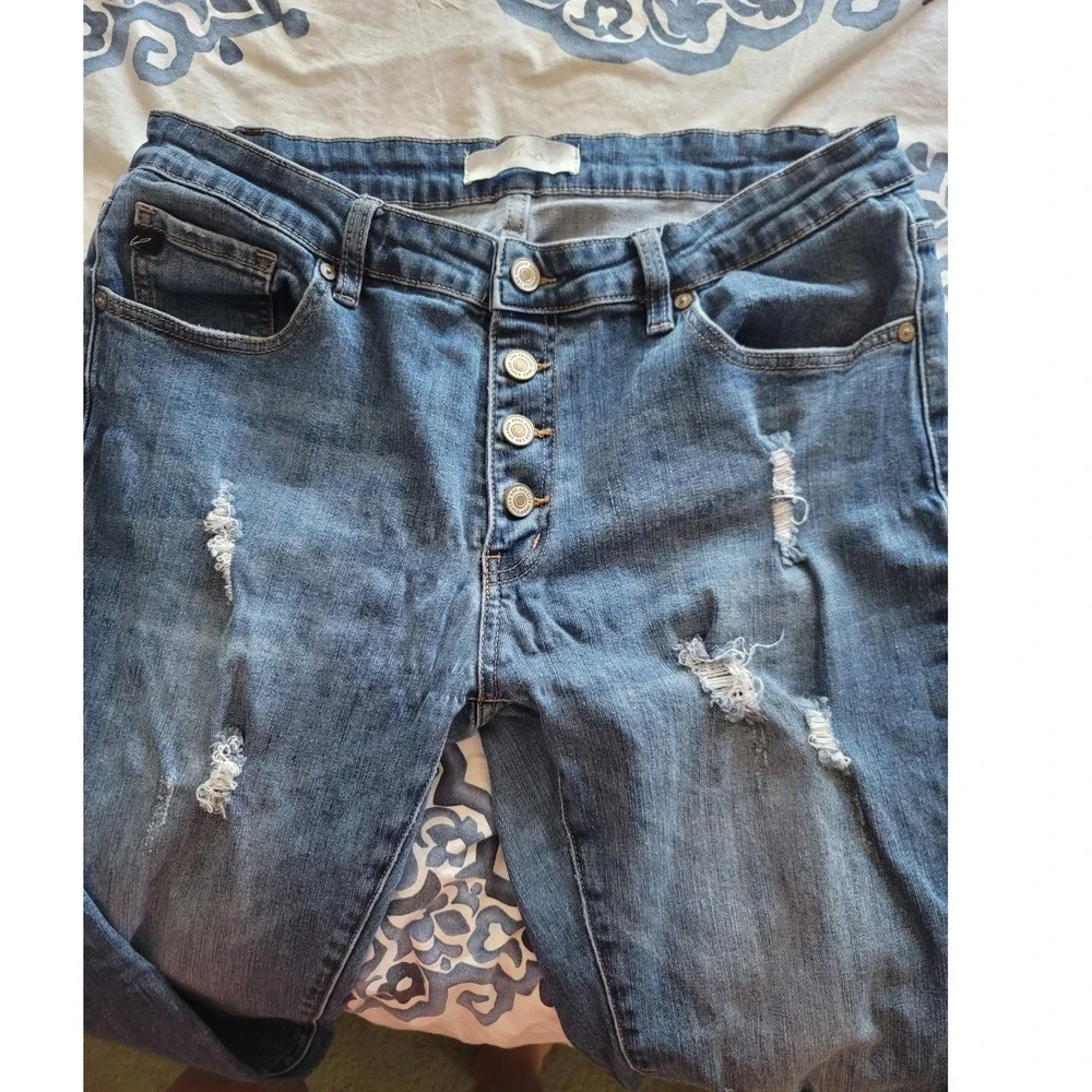 Kancan Distressed Skinny Jeans Button Fly Medium Wash Denim‎ Women's Size